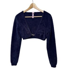 Navy Blue Fuzzy Cropped Cardigan